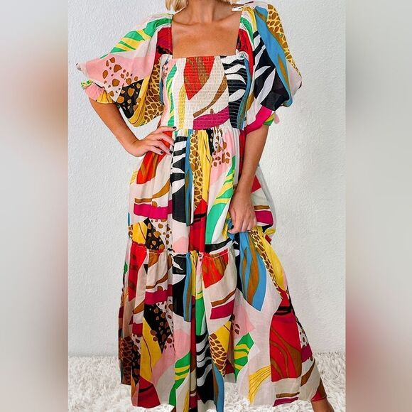Colorful Printed 100% cottonMidi Farm Dress sz M